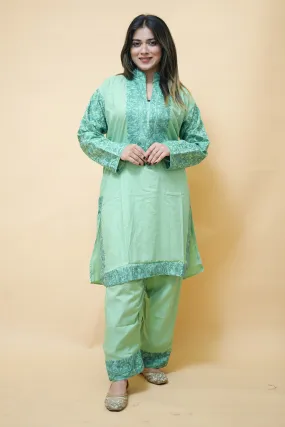 Aari Work Stitched  Salwar Kameez With  Heavy Neckline and Sleeves Jaal Pattern.