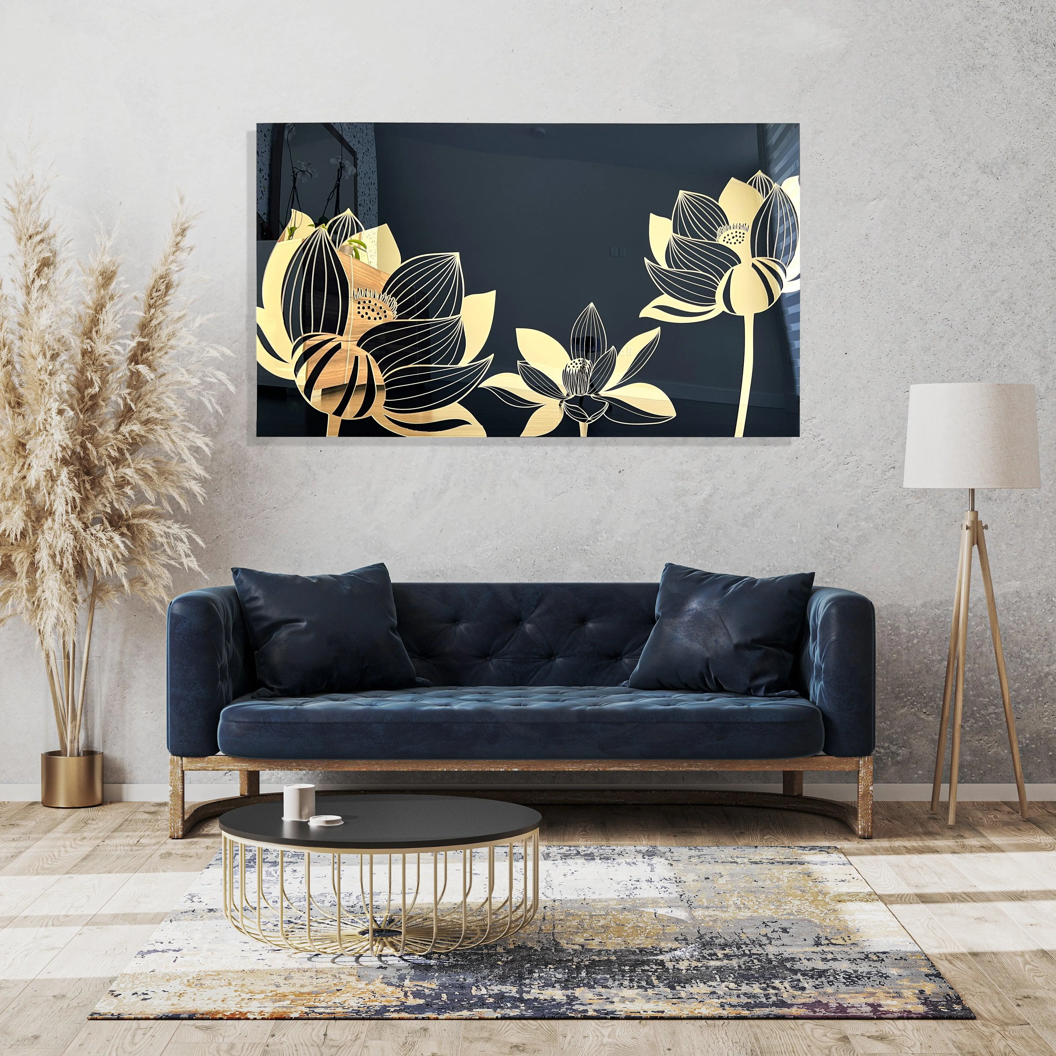 Black and Gold Mirror Lotus Flower Acrylic Art