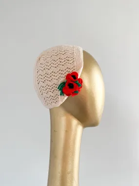 Cutest Ever 1930's Ivory Crochet and Poppies Knit Cloche Hat / OS