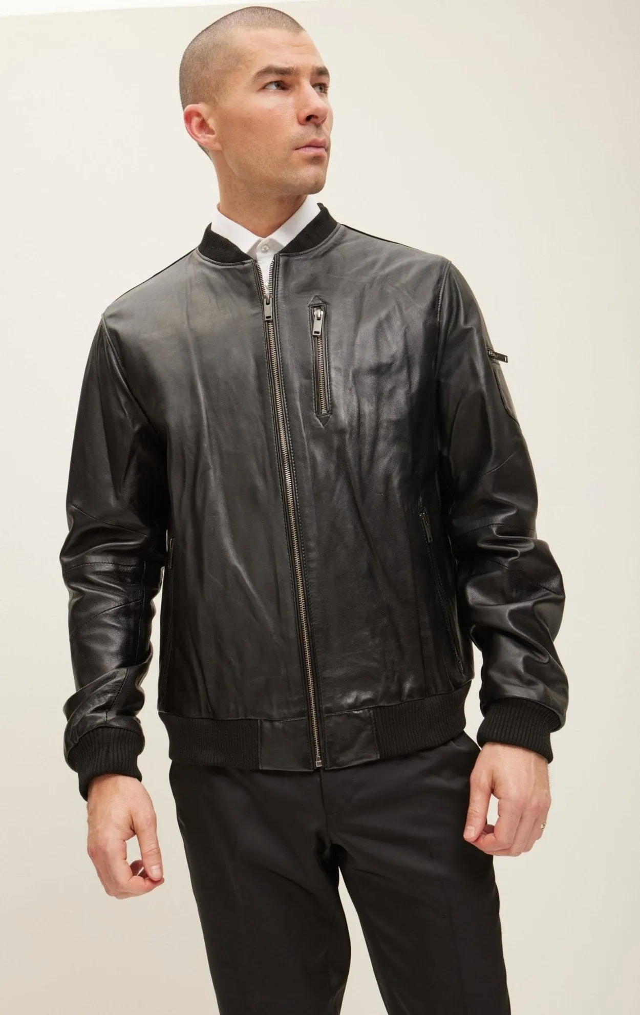 Leather Bomber Jacket - Black