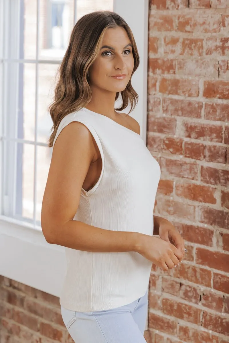 MUSE Cream Off The Shoulder Ribbed Top - FINAL SALE