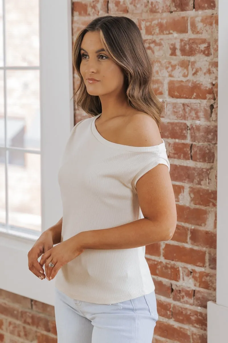 MUSE Cream Off The Shoulder Ribbed Top - FINAL SALE