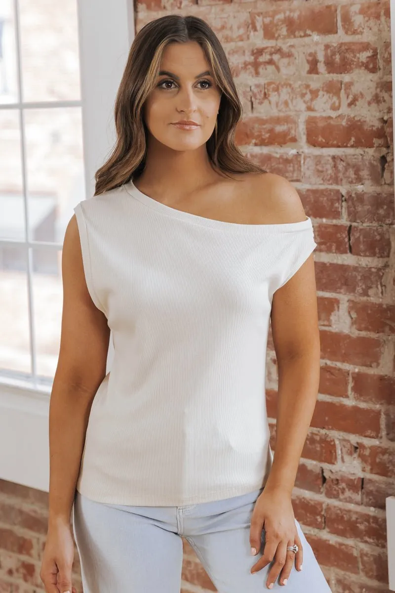 MUSE Cream Off The Shoulder Ribbed Top - FINAL SALE