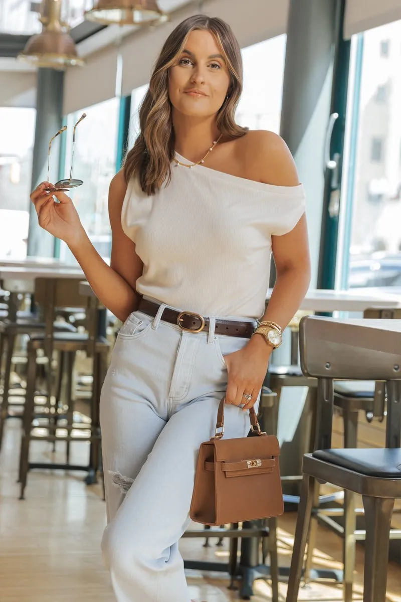 MUSE Cream Off The Shoulder Ribbed Top - FINAL SALE