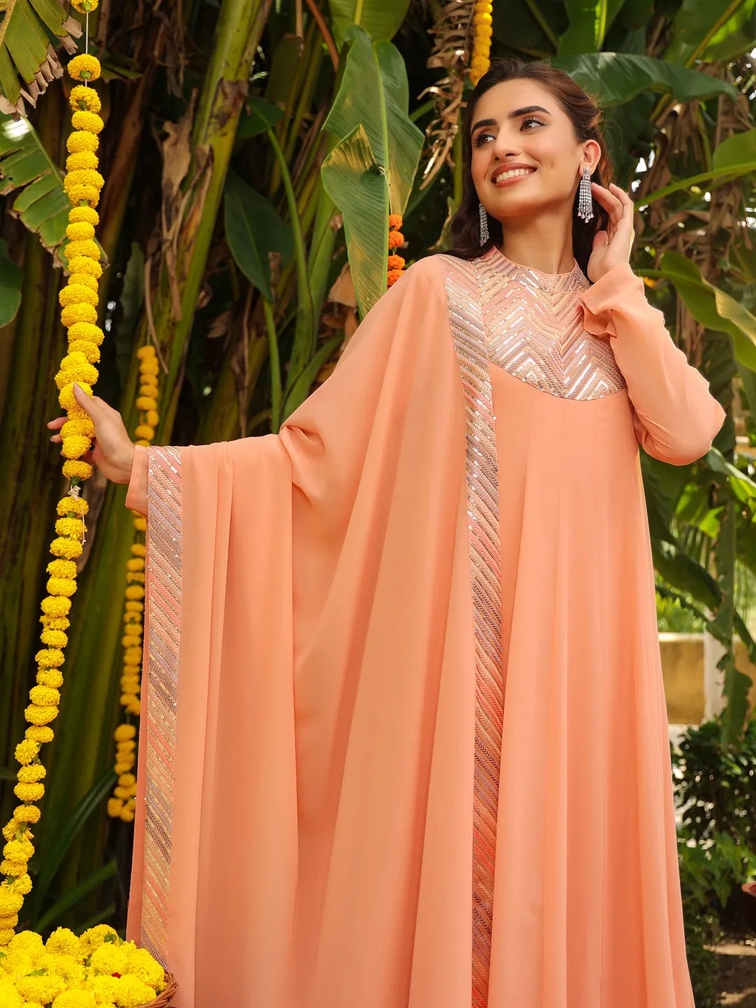 Peach Georgette Sequined Anarkali Kurta Set