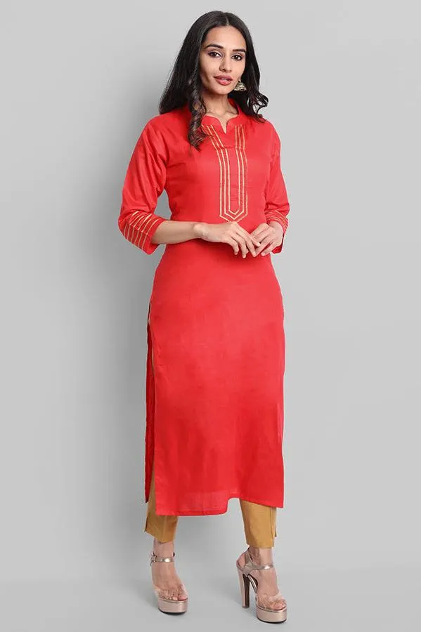 Red Toshani Cotton Silk Kurta