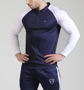 Tf-Navy And White Zipper Raglan Mesh top