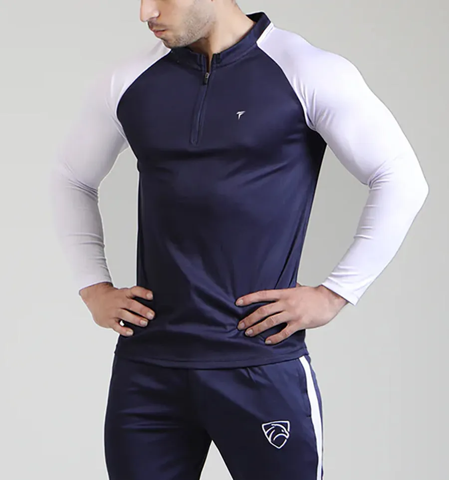 Tf-Navy And White Zipper Raglan Mesh top