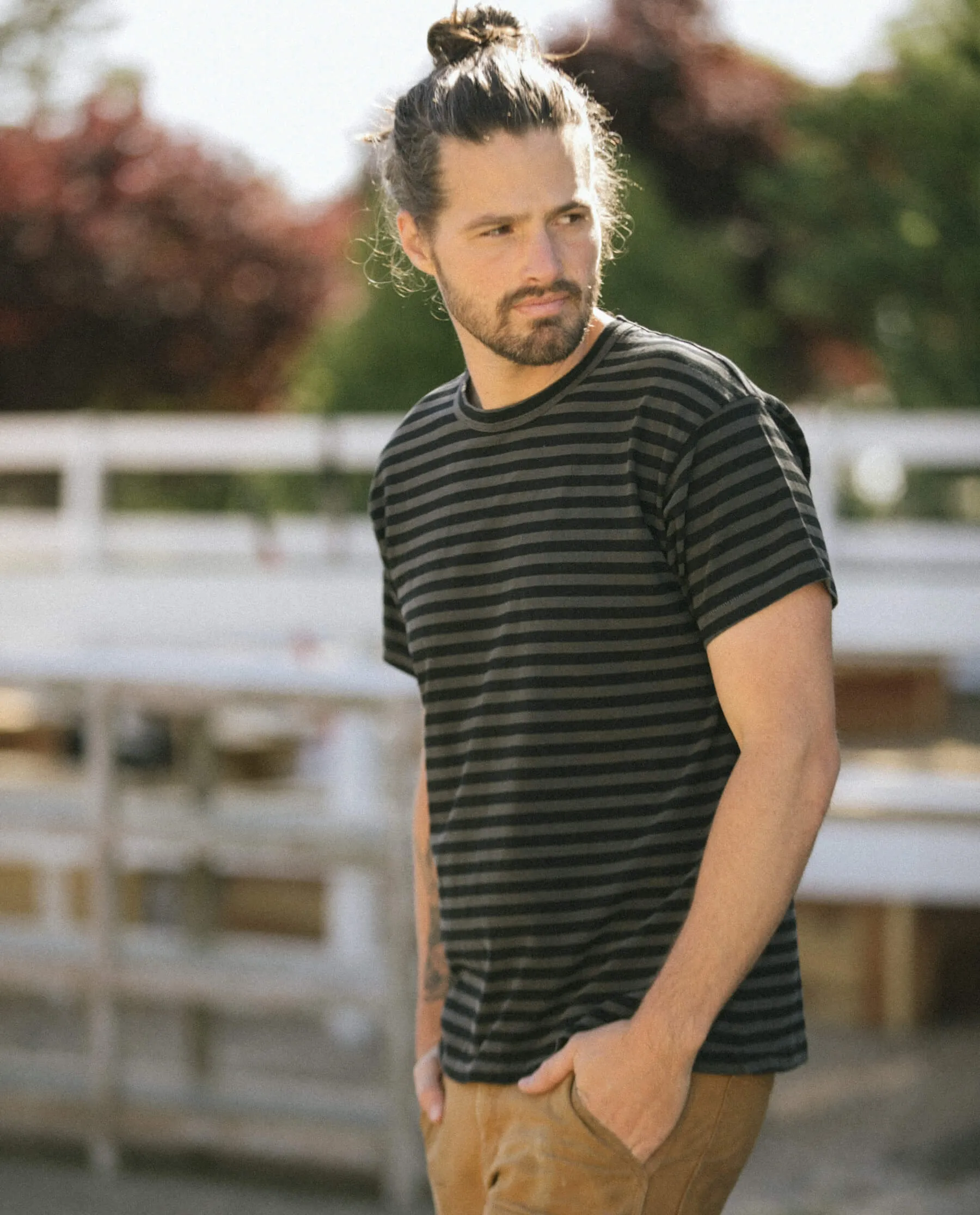 The Men's Boxy Crew. -- Black and Charcoal Stripe