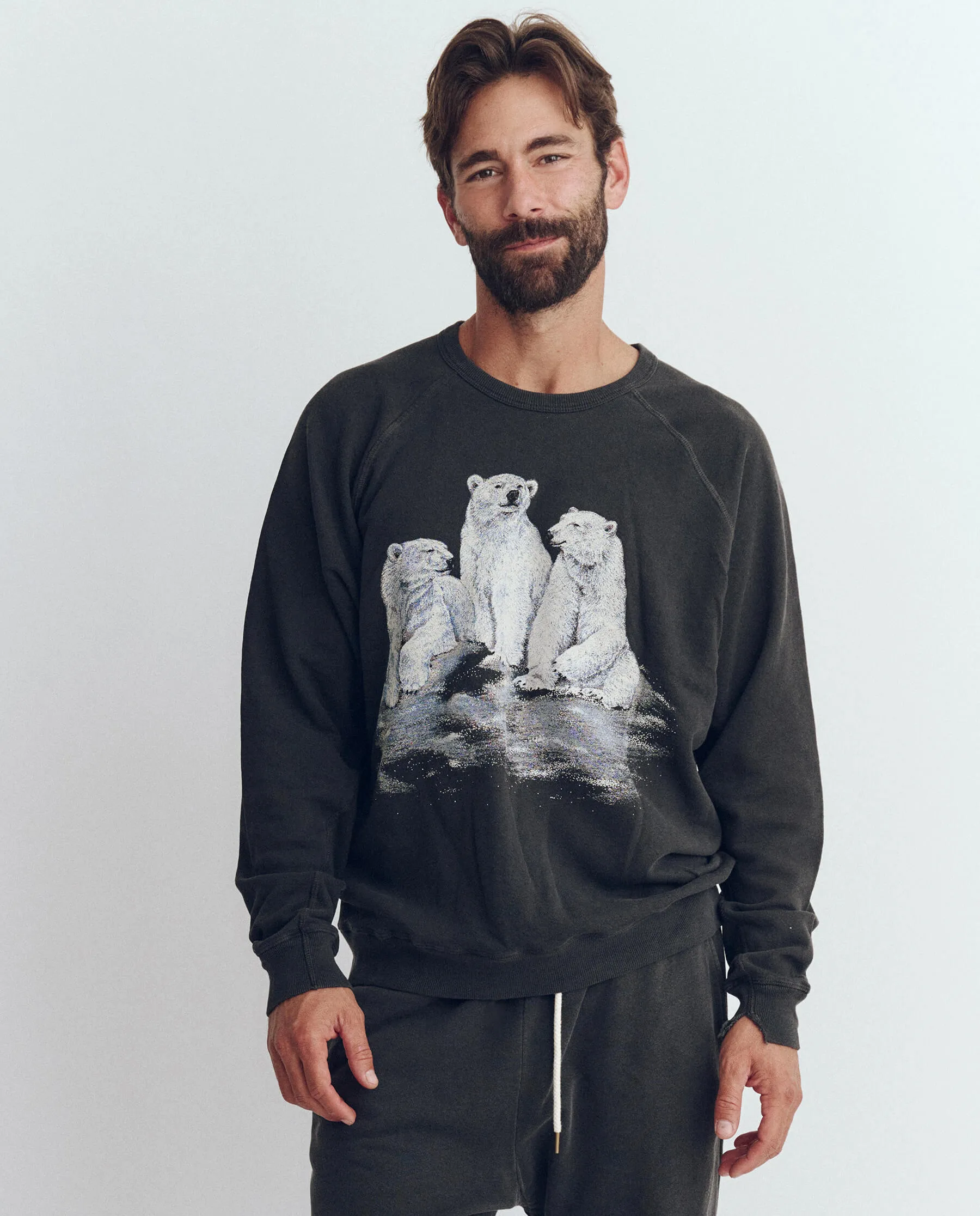 The Men's College Sweatshirt. Graphic -- Washed Black with Polar Bear Graphic