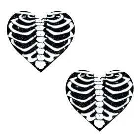 White Skeleton Rib Heart Glitter Nipple Cover Pasties